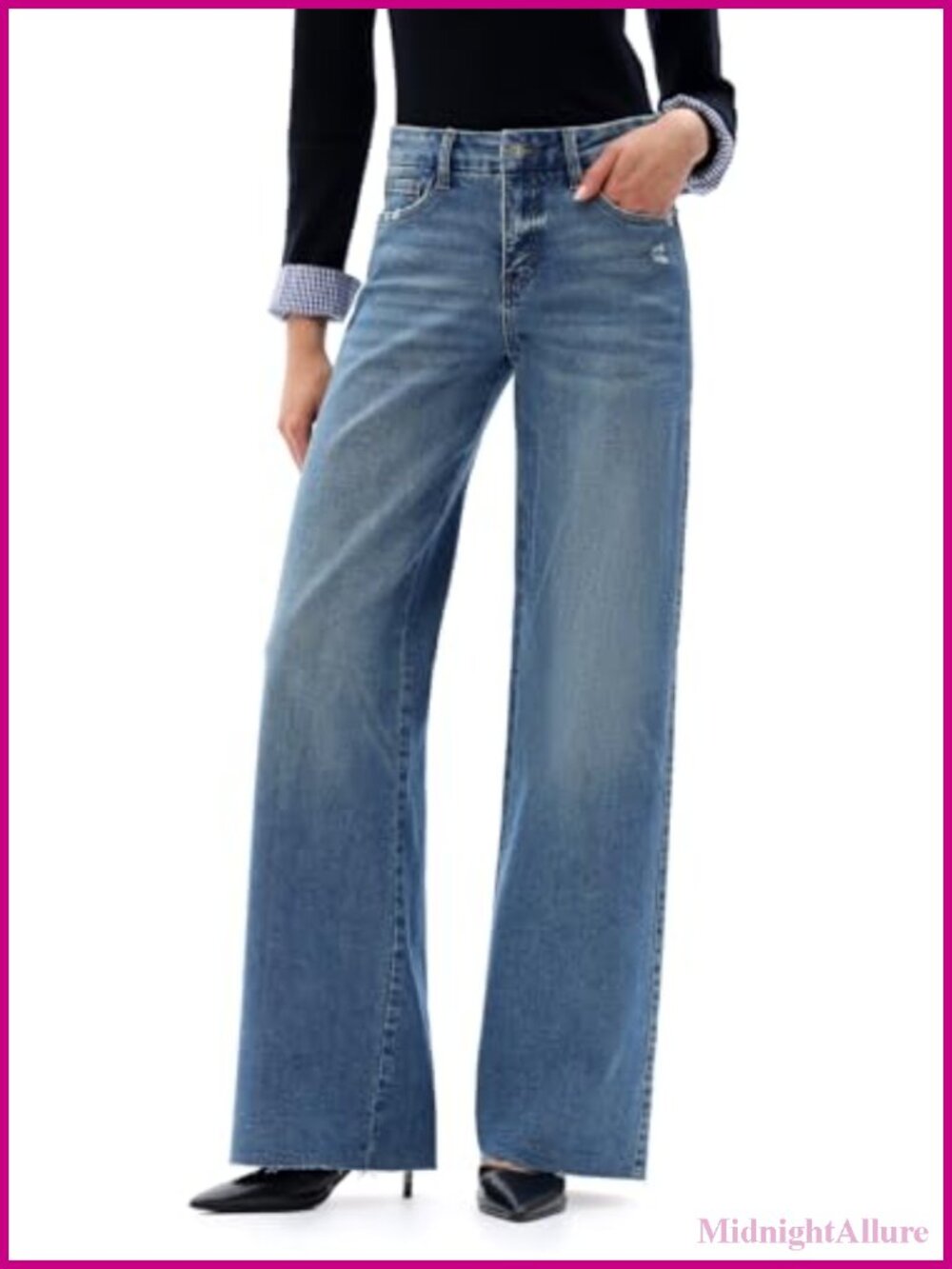 Wide Leg Raw Hem Mid Rise High Stretch Denim Jeans